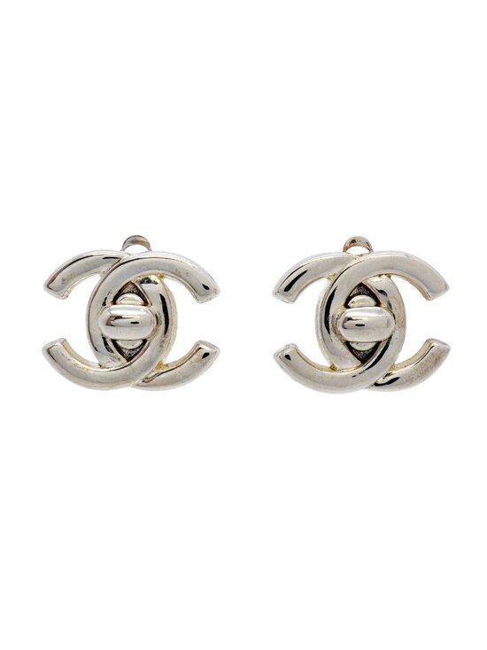 Chanel Jewelry - Chanel Earrings Vintage CC Logo Turnlock Metal Silver